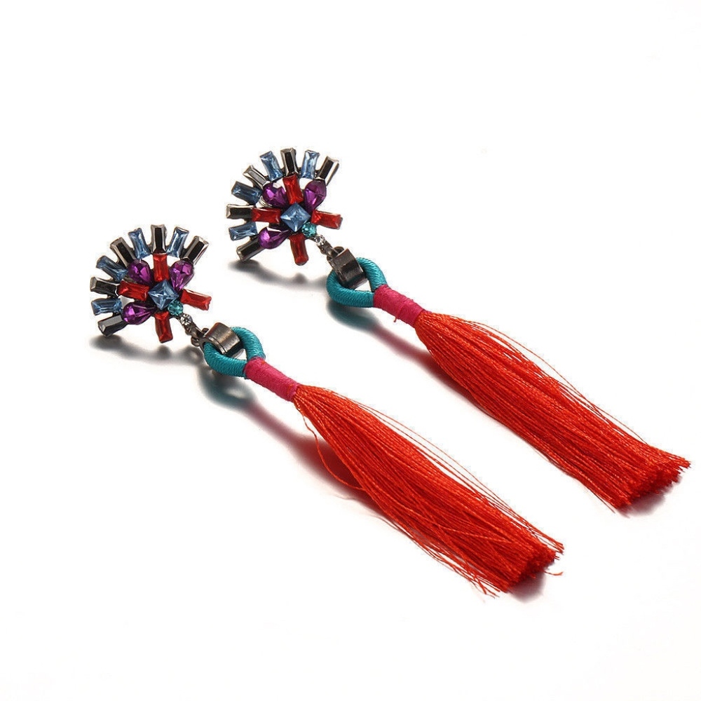 Festival Rhinestone Tassel Fire Orange Earrings - Picture 2 of 5